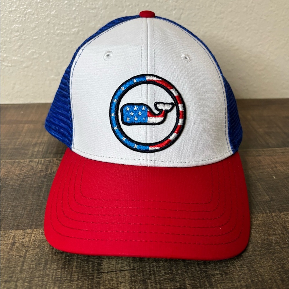 Vineyard Vines Hat Cap Snap Back Mens One Size Red White Trucker USA Flag Whale